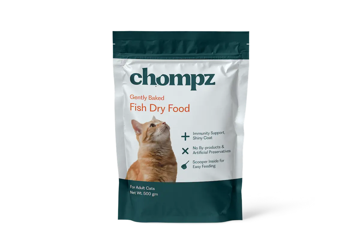 Bag of Baked Fish Dry Food for pets, labeled with the brand name, displayed on a light blue background.