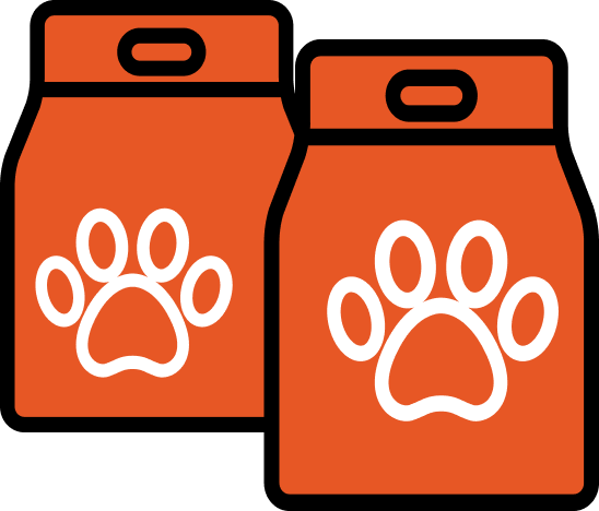 Pair of orange pet food bags with paw prints, representing a dual-pack option.