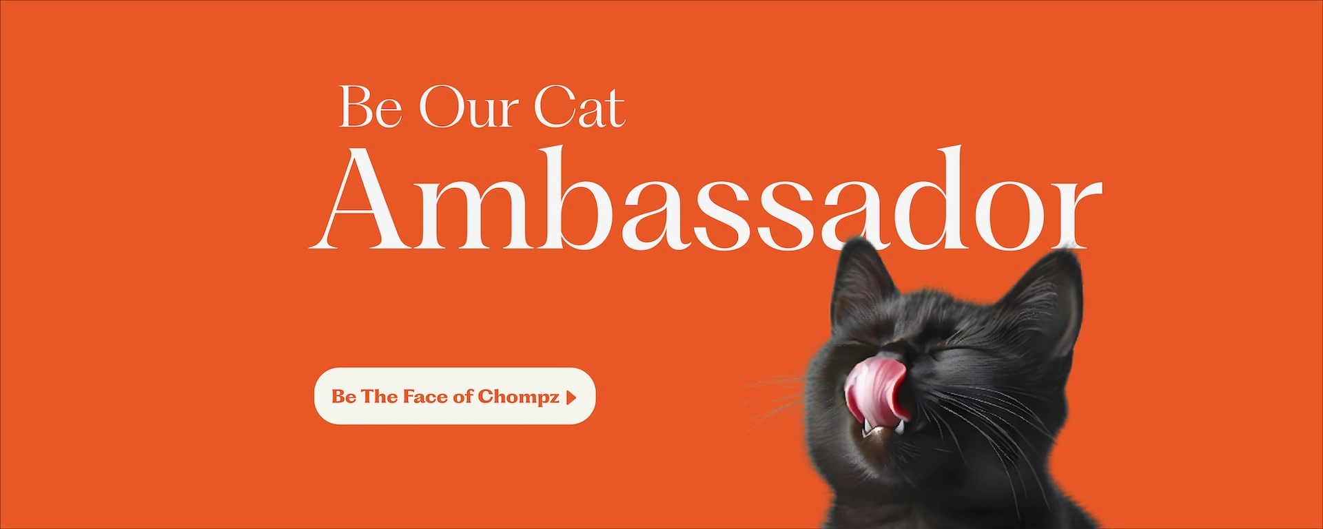 Chompz Cat Ambassador promotional banner featuring a black cat licking its nose.